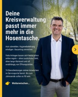 Digital, wenn es einfacher wird. Persönlich, wenn es darauf ankommt. Deshalb bauen wir unsere Kreisverwaltung Schritt für Schritt so aus, dass viele Anliegen einfacher, schneller und unabhängig von Öffnungszeiten erledigt werden können: vom Auto abmelden über die Infektionsschutzbelehrung bis zum digitalen Bauantrag. Und moderne Technik kann noch mehr: Mit der geplanten Ersthelfer-App sollen im Notfall wertvolle Minuten gewonnen werden. Denn gerade dann zählt jede Sekunde.
