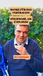 45,29% Vertrauen! Vielen Dank für die mit Abstand meisten Stimmen im ersten Wahlgang. Das ist ein großer Vertrauensbeweis. Nun brauche ich auch in der Stichwahl noch einmal eure Unterstützung.