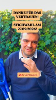 45,29% Vertrauen! Vielen Dank für die mit Abstand meisten Stimmen im ersten Wahlgang. Das ist ein großer Vertrauensbeweis. Nun brauche ich auch in der Stichwahl noch einmal eure Unterstützung.